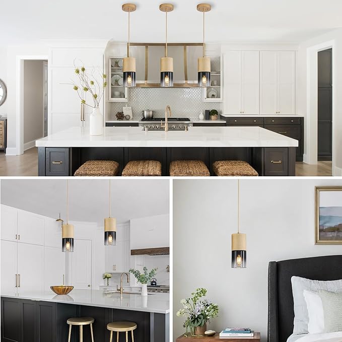 2-Pack Gold Pendant Light Fixtures, Adjustable Modern Black Pendant Lights for Kitchen Island, Industrial Glass Pendant Lights for Dining Table Hallway Bedroom Living Room