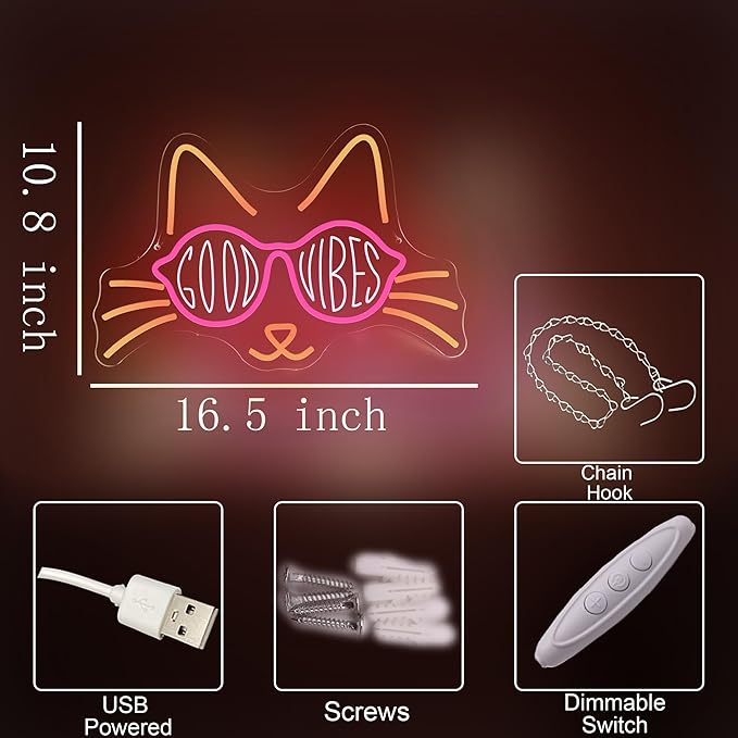 Cat Neon Sign GOOD VIBES LED Neon Light Sign for Wall Decor, Cute Kitty Neon Signs for Bedroom, Bar, Party, Game Room, Living Room, Aesthetic Home Decoration