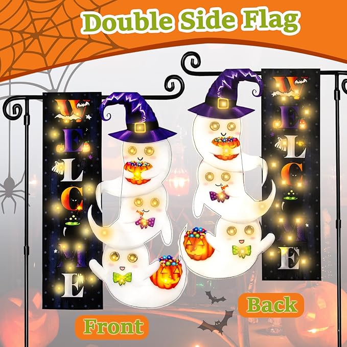Halloween Lighted Garden Flag, Solar Yard Flag for Outside, 8 Modes Double Sided Welcome Halloween Ghost Outdoor Decorations for Home Porch (Ghost-12x18)
