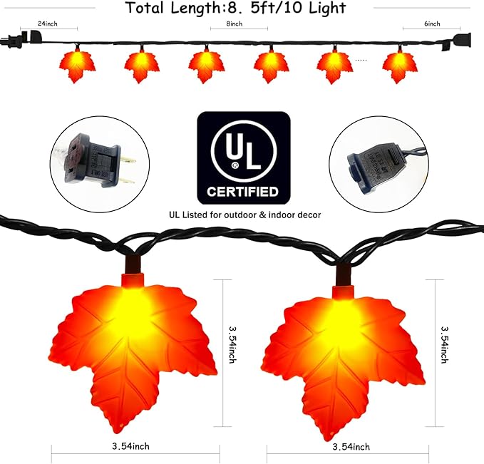 Fall Decorations Lights, 8.5Ft Outdoor Thanksgiving Decorations Lights with 10 LED Orange Maple Leaves Light, Hanging Orange Halloween String Light for Home Garland Autumn Harvest Thanksgiving Decor
