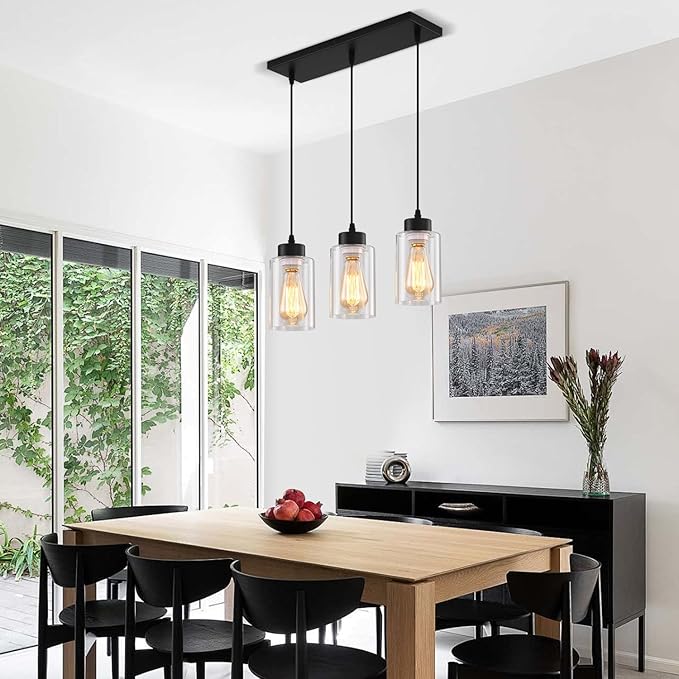Black Chandelier,Farmhouse Light Fixtures Over Table, Dining Room Light Fixture Kitchen Island Lighting Chandeliers,Modern Pendant Light with Clear Glass Shade,Industrial Hanging Lighting