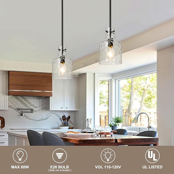 WILON Industrial Glass Pendant Lights for Kitchen Island, Modern Black Pandent Light Fixture 7" Hammered Glass Shade Farmhouse Pendant Lights Adjustable Rod Hanging Light for Kitchen Sink Dining Room