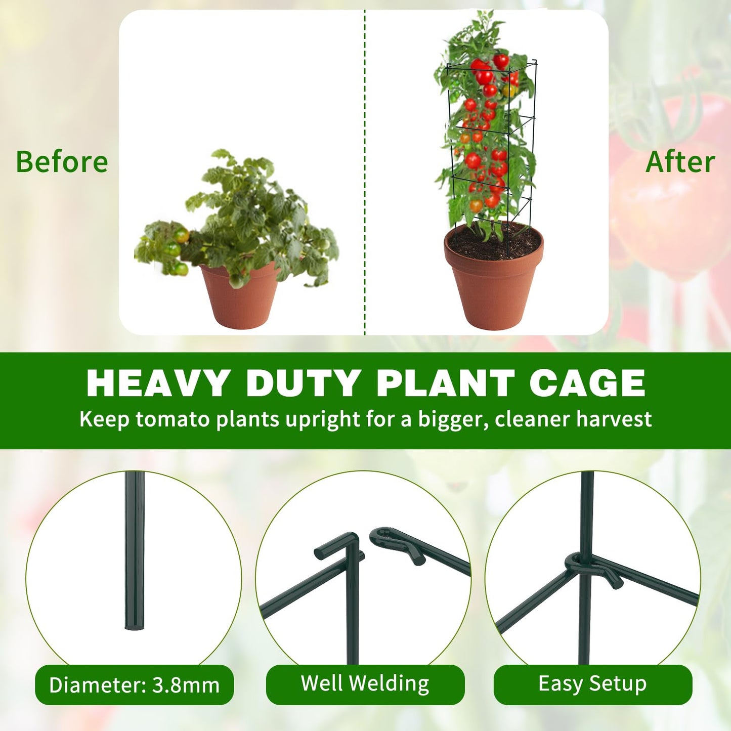 LAKNUAL 6 Packs Tomato Cages for Garden, 12"×12"×39" Plant Support Cage with Different Spacing, Green Metal Trellis for Climbing Plants Like Cucumber, Flowers