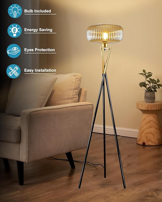 Lightdot Glass Tripod Floor Lamp for Living Room, Modern Gold&Black Standing Lamp with Ribbed Brown Glass Shade, Arc Tall Lamp for Bedroom/Reading Room/Sofa Beside/Corner Decor (Bulb Included)