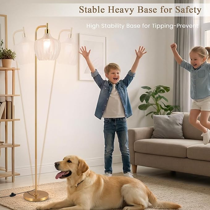 Gold Floor Lamp for Living Room, Modern Standing Lamp with Remote, Dimmable Clear Glass Tall Lamp, Mid Century Vintage Floor Lamps for Bedroom, Study Room (Clear)