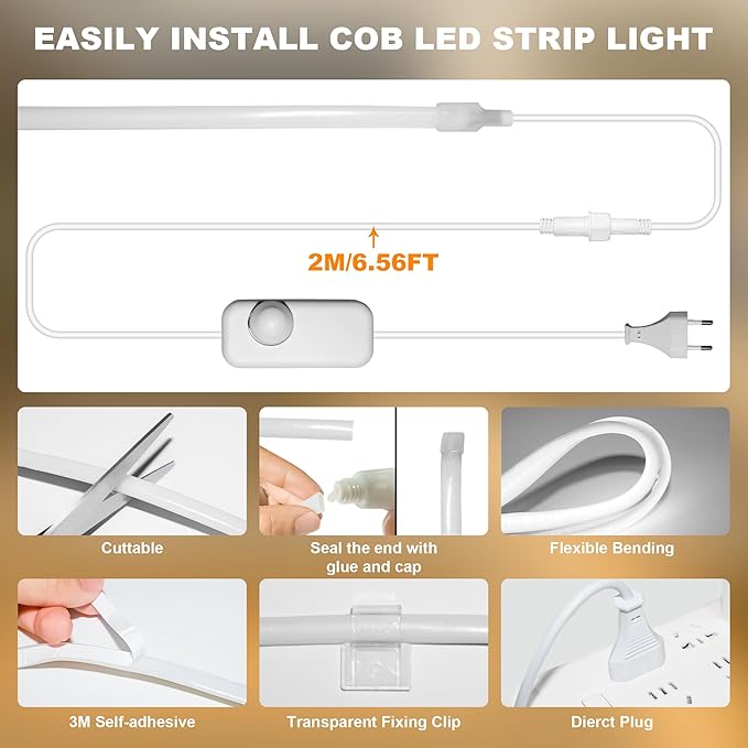 IP67 Waterproof COB LED Strip Lights AC 110V-120V Direct Plug, 66FT Super Bright Outdoor Strip Lights with Double Fuse Controller, 6500K White LED Strips for Garden Patio Commercial Decor