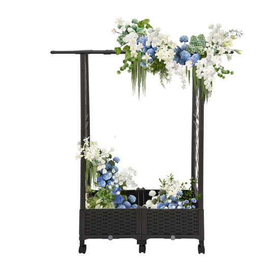 TFCFL Planter with Trellis Raised Garden Beds,Trellis Planter Self-Watering Box with Wheels,Outdoor Vegetable Flower Privacy Planter Box for Backyard Balcony Patio