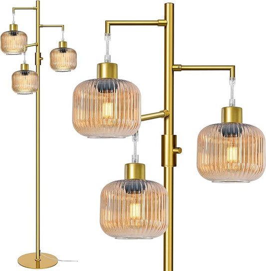 Floor Lamp with Amber Glass Shade, Dimmable Standing Lamp for Living Room, Modern Mid Century 3 Lights Tall Tree Lamp, Rotary Switch, 3 x 6W LED Bulbs Included