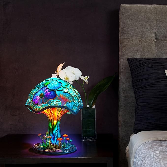 Mmoneyake Painting Mushroom Table Lamp, 5.9 Inch Hight Stained Plant Series Night Light, Bohemian Resin Mushroom Decorative Bedside Lamp for Bedroom Living Room Home Office Decor Gift