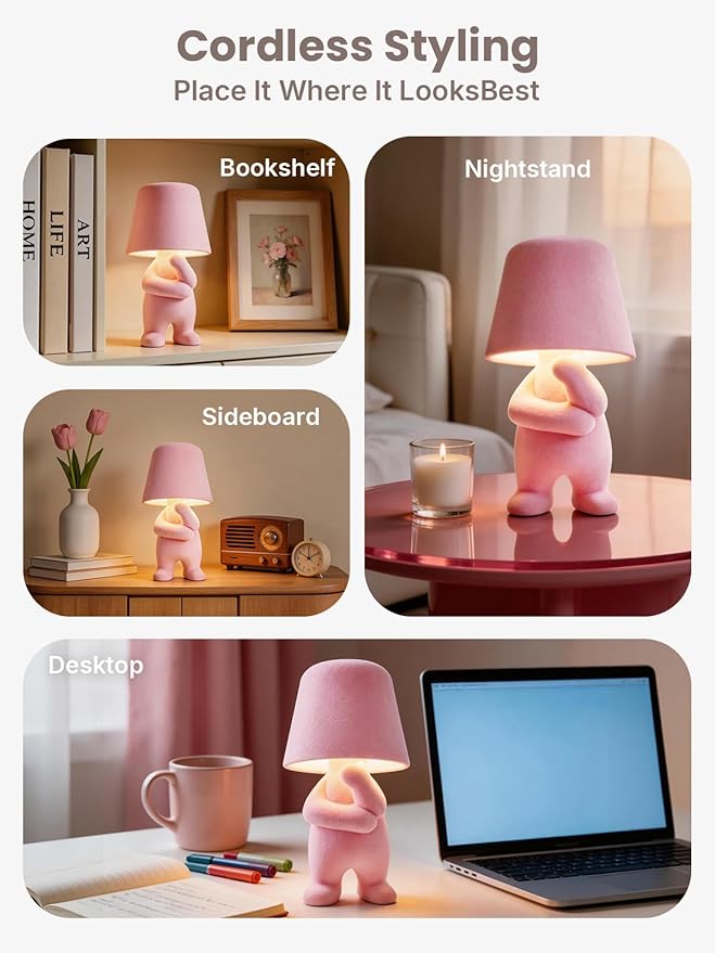 Modern Table Lamp for Youth: Rechargeable Cute Light for Kids Child Teen - Gift for Birthday Christmas Halloween Easter (Pink)