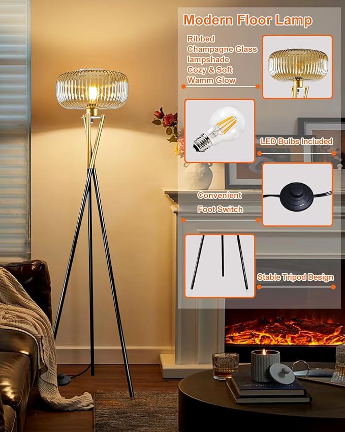 Lightdot Glass Tripod Floor Lamp for Living Room, Modern Gold&Black Standing Lamp with Ribbed Brown Glass Shade, Arc Tall Lamp for Bedroom/Reading Room/Sofa Beside/Corner Decor (Bulb Included)