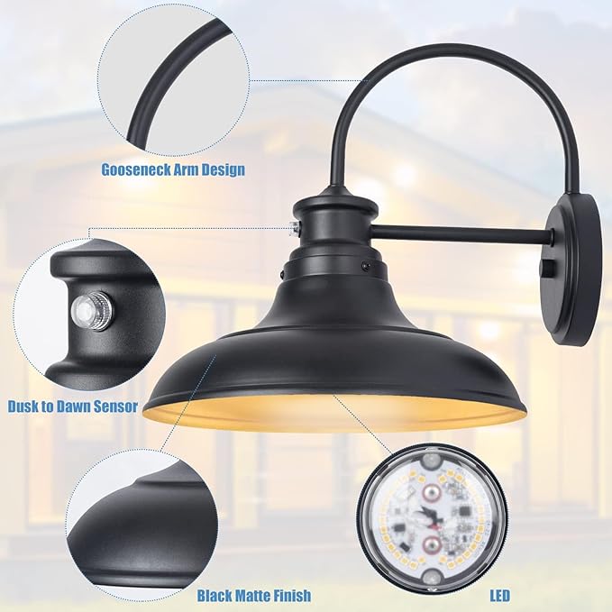 Dusk to Dawn LED Outdoor Barn Lights - Farmhouse Gooseneck Exterior Light Fixture Wall Mount, 12.25" Large Black Porch Lights, Outside Wall Lights for House Garage Patio Doorway (13W 2700K), 1 Pack