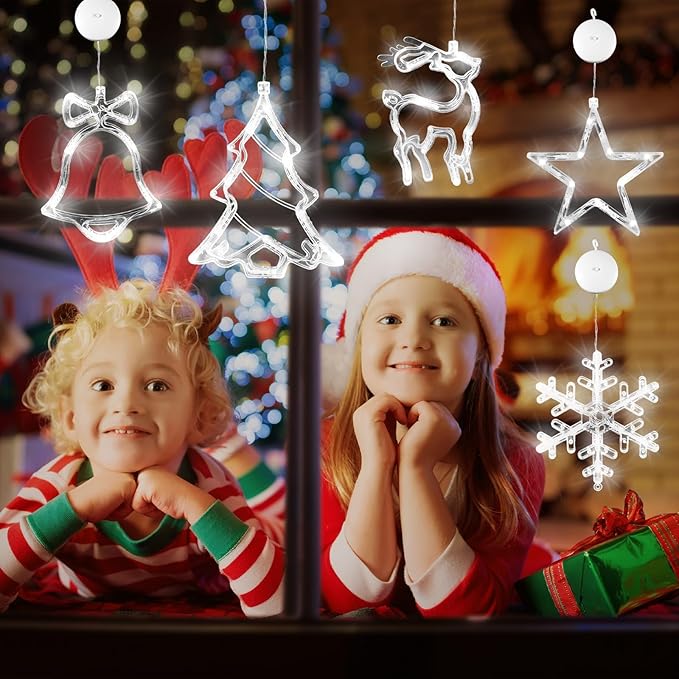 Asaint 5Pcs Christmas Window Lights Decorations,Lighted Bell Tree Reindeer Snowflake Star Battery Operated with Suction Cup for Christmas Window Glass Wall Indoor Decorations Muti-Color (White)