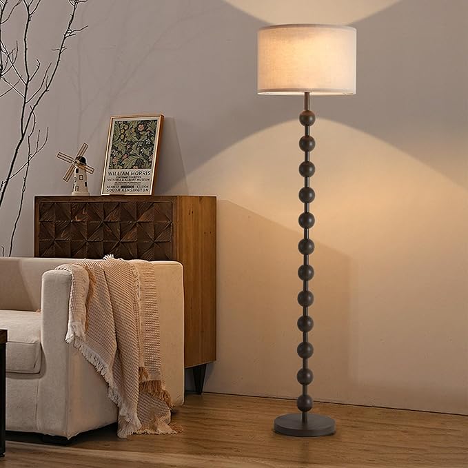 Modern Dimmable Floor Lamp with Remote Control for Living Room Bedroom, Dark Brown Wood Pattern Tall Standing Lamp Light for Home Office Dining Room with Fabric Shade