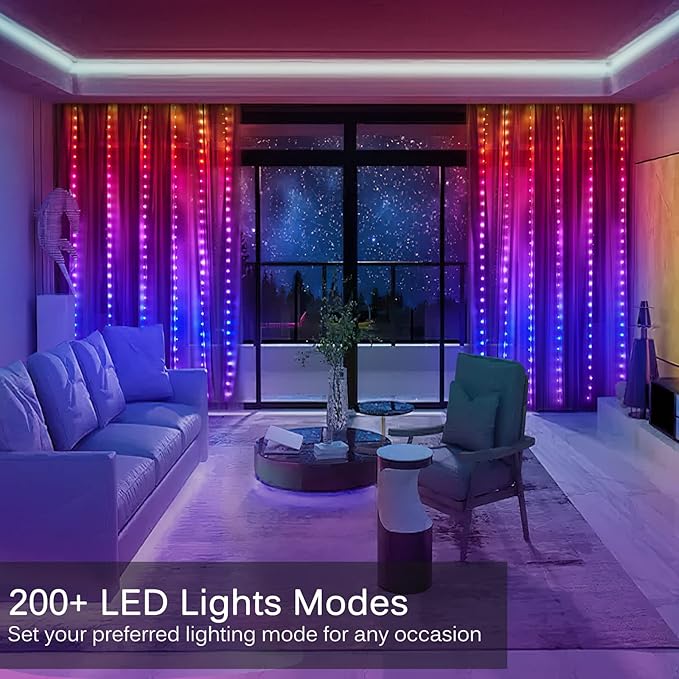 LED Curtain Lights, 10ft x 10ft 300 LED RGB Color Changing String Fairy Lights Curtain with Smart APP Control, Music & Voice Sync for Bedroom Backdrop Indoor Outdoor Christmas Decorations