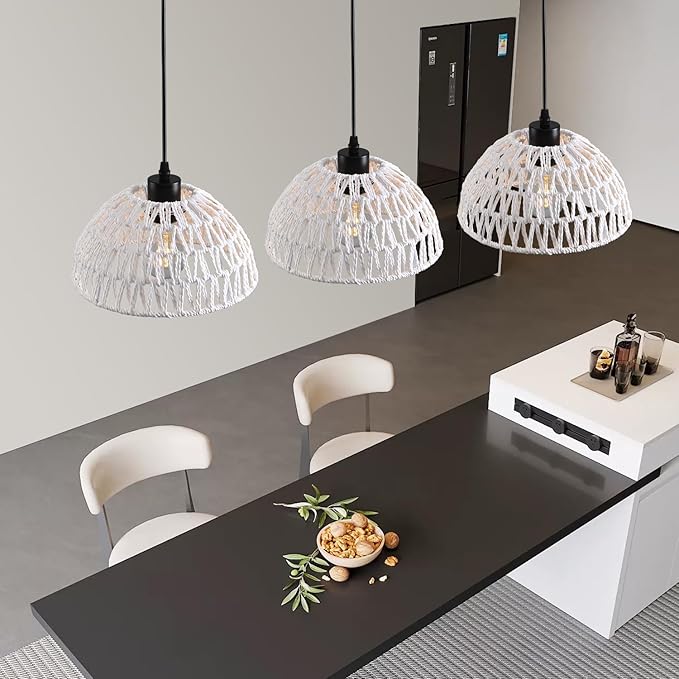 3 Pack Woven Pendant Light Fixtures,10.2" White Rattan Pendant Lights Farmhouse Basket Light Fixture Adjustable Boho Hanging Lamp for Kitchen Island Bedroom Dining Room Foyer Hallway