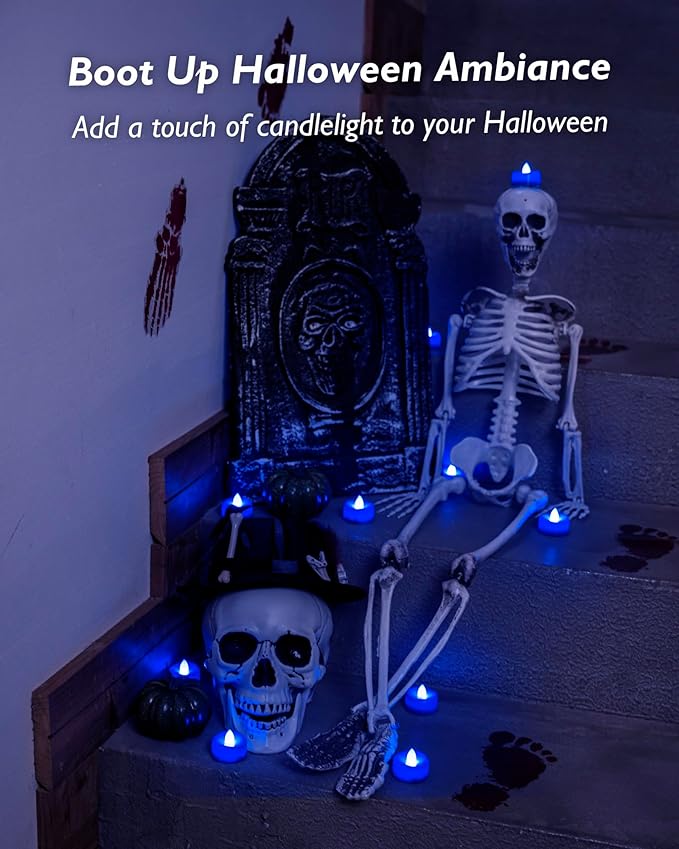 Flameless Candles, 24 Pack Tea Lights Candles Battery Operated, LED Tealight Candle, Realistic Tea Lights for Halloween Christmas Party Decor -D 1.5” x H 1.25” -Blue Candle