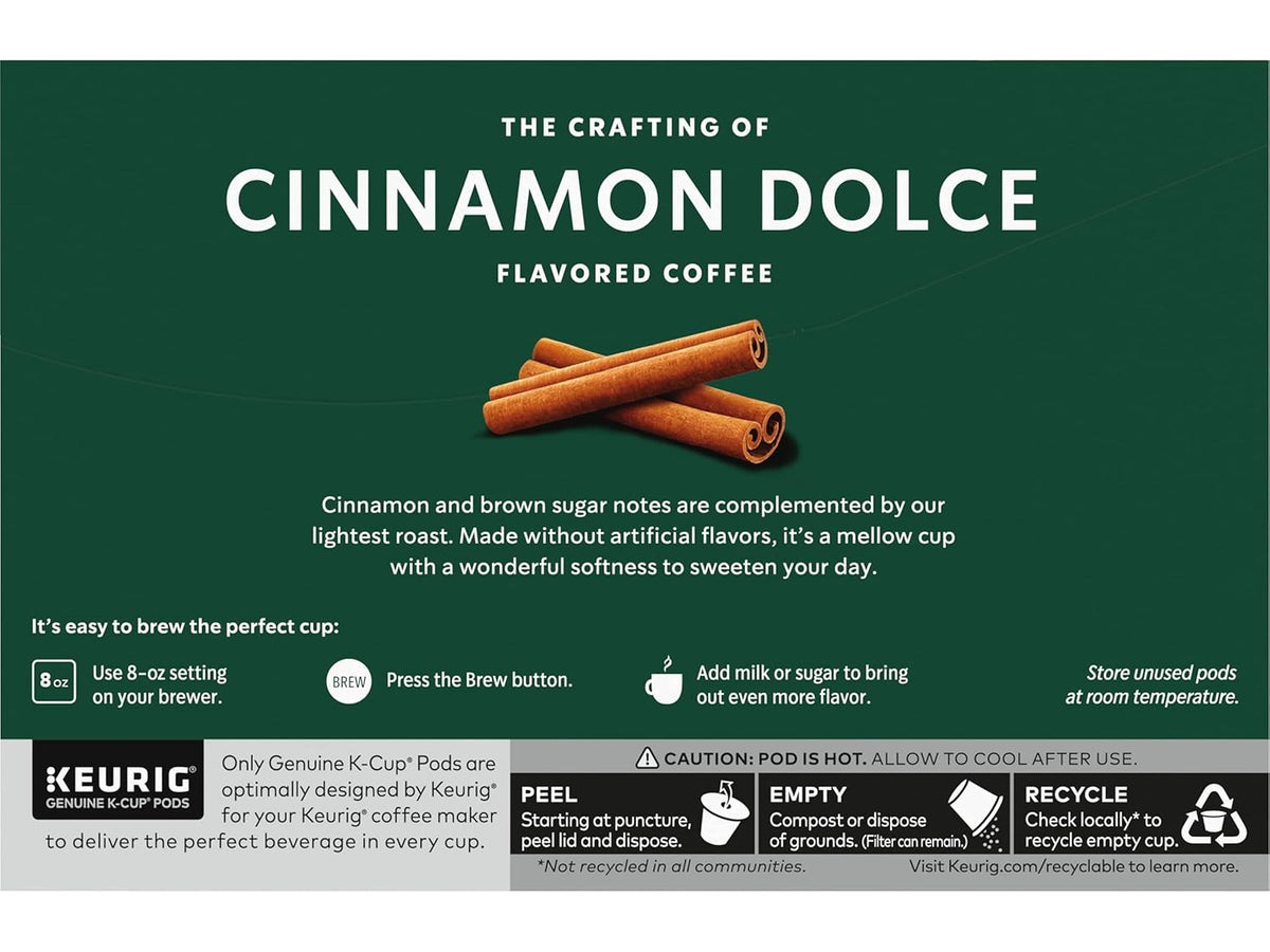 Starbucks K-Cup Pods - Cinnamon Dolce Flavored Coffee with Sweet Notes | 10 Recyclable Pods per Pack (4 Packs)
