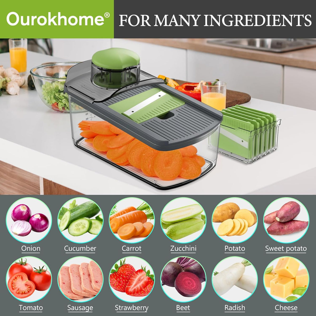 Ourokhome Mandolin Slicer - Safe Vegetable Shredder with 6 Blades | Essential Kitchen Gadget (Gray)