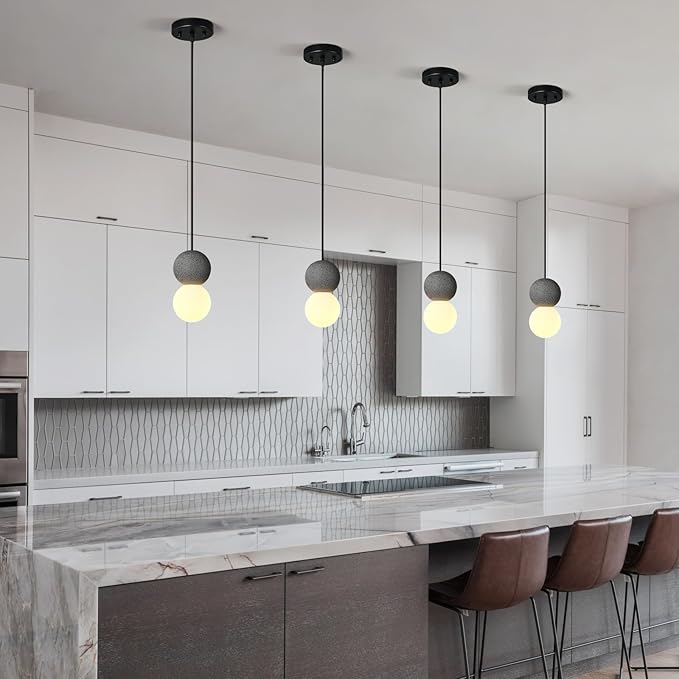 Modern Black 1-Light Concrete Pendant Light Kitchen Island Ceiling Light Fixture White Glass Globe Ball Pendant Lighting for Dining Room Coffee Club Resturant Bar Living Room(1-Pack)