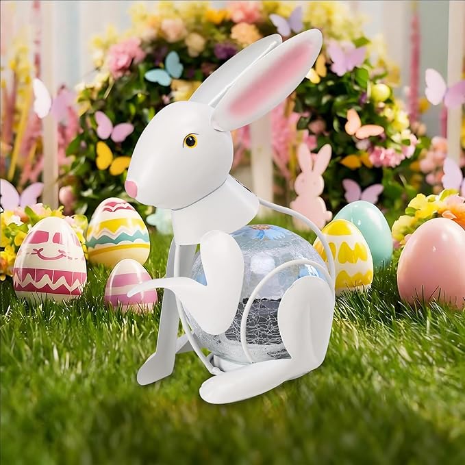 MUMTOP Metal White Rabbit Solar Lights Decorative, Bunny Easter Decorations Cracked Glass Light Tabletop Lantern, Spring Decor Solar Lanterns Outdoor Waterproof for Yard Patio Garden Easter Gift