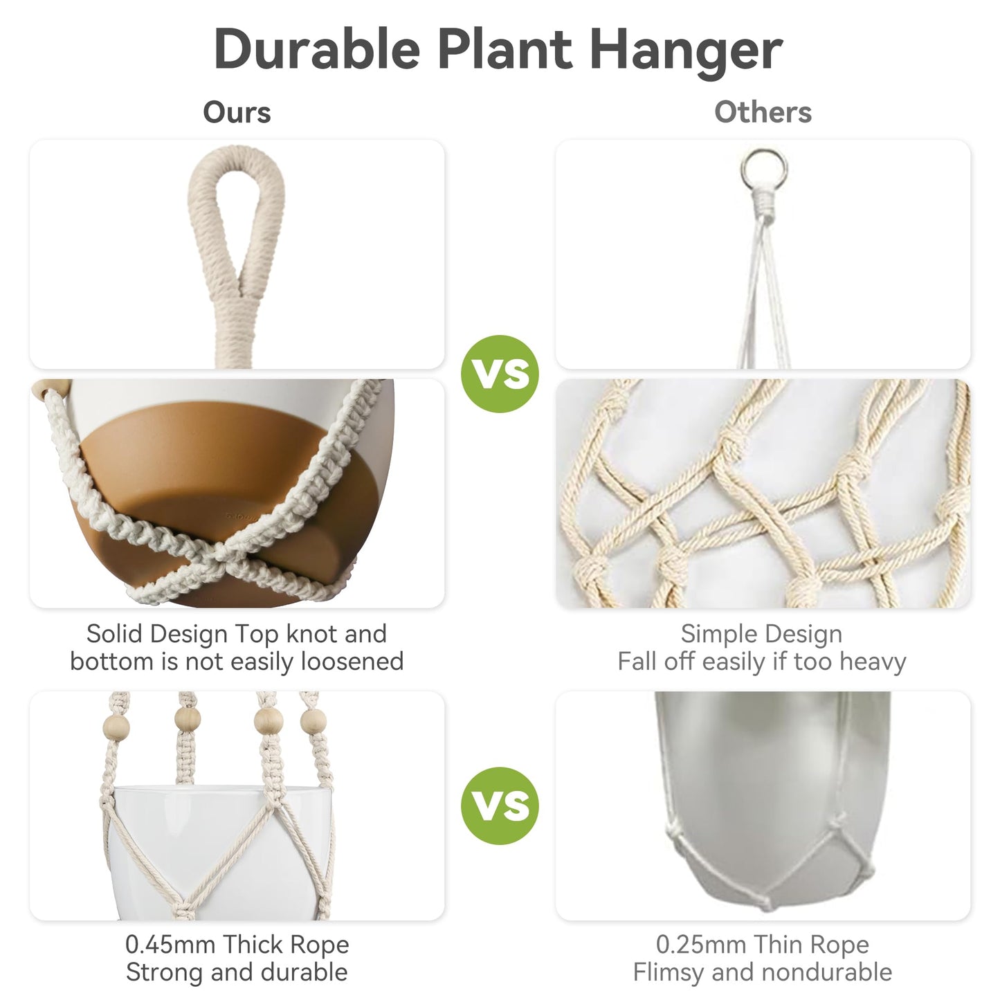 USLAI Macrame Plant Hanger Indoor Outdoor, Fits 4 to 15 Inch Pots, Strong Hanging Planter Holder, Boho Home Decor, 35 Inch, Ivory, Set of 3 (POTS NOT Included)