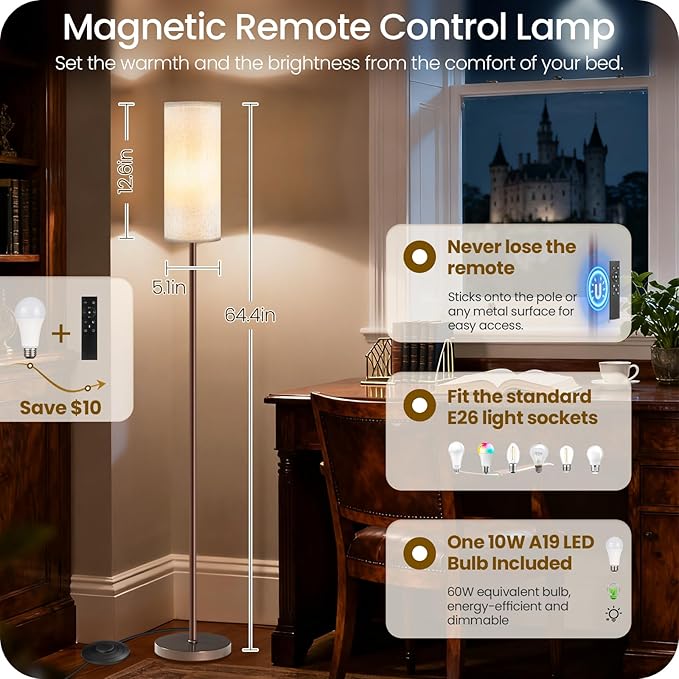 Dimmable Floor Lamps for Living Room with Remote and Foot Switch, 64.4” Modern Standing Tall Lamp, Corner Lamp for Bedroom, Bulb Included, 3000K-6500K, White and Brown VCW06LD05W1