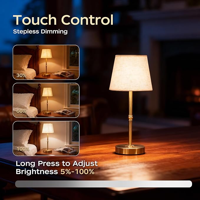Cordless Table Lamp Rechargeable, LED Table Lamps with Touch Control, Stepless Dimmable Bedside Lamp, 6000mAh Battery Operated USB-C Lamp for Bedroom, Dining, Patio, Small Fabric Lamp Gold 2PCS