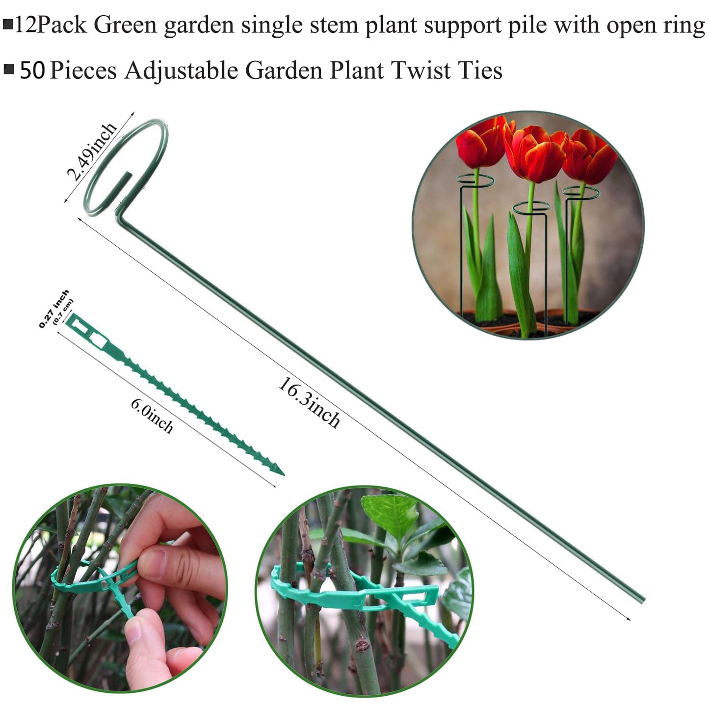 12 Pack Plant Stake Support, Garden Single Stem Support Stake Plant Cage Support Rings, Single Stem Plant Support Stakes, for Tomatoes, Peony, Lily, Rose, Flowers Amaryllis