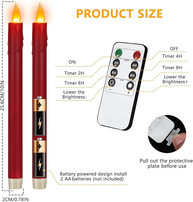 6 Pcs Burgundy Flameless Taper Candles with Remote, 10" White Battery Operated Led Candlesticks with Flickering 3D Flame, Fake Taper Candles for Halloween Anniversaries Dinner Home Décor
