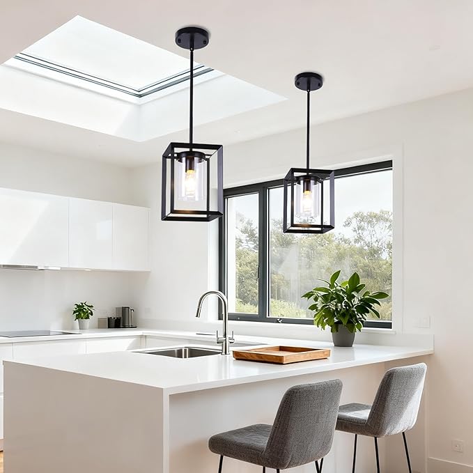 COTULIN 2 Pack Black Pendant Lights for Kitchen Island, Farmhouse 1-Light Iron Cage Metal Hanging Light with Clear Glass Shade, Industrial Lighting Fixtures for Living Room Bedroom Hallway Foyer