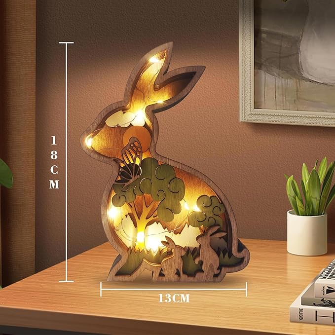 Drawelry 3D Wooden Animals Carving Home Decorative - Creative Wood Carved Lamp Farmhouse Wooden Animals Sculpture Ornaments Easter Birthday Gifts for Family Friend Son Dad (Rabbit, with Light)