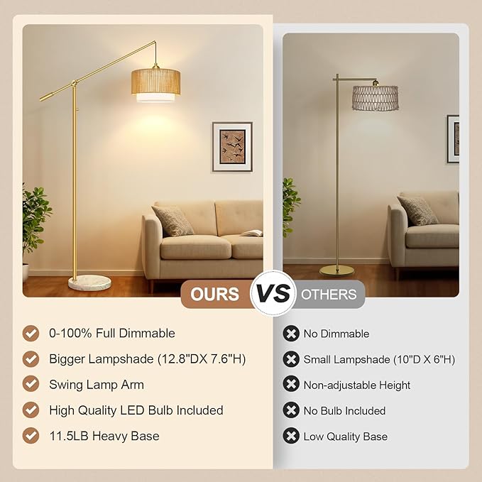 【Upgraded】Arc Floor Lamp for Living Room, Boho Dimmable Swing Arm Floor Lamp with Rattan & Fabric Shades, Gold Rattan Standing Lamp with Marble Base, Farmhouse Adjustable Tall Lamp for Bedroom Office