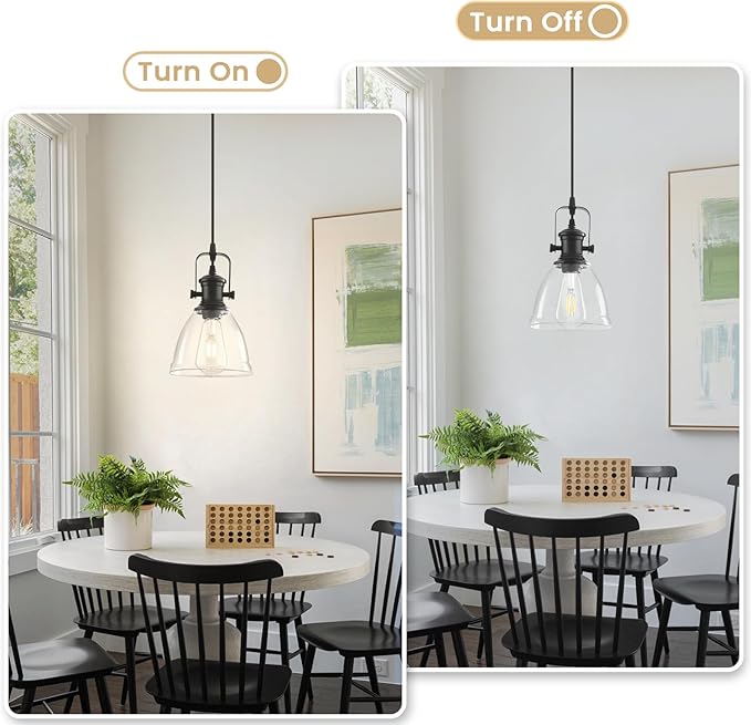 Black Pendant Lights Kitchen Island 2 Pack, Farmhouse Pendant Light, Industrial Clear Glass Pendant Light, 6.5 inches Kitchen Pendant Lighting Over Island Sink Dining Room