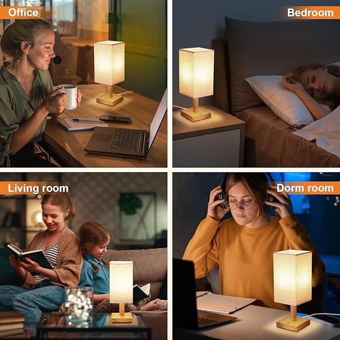 Small Corded Touch Square Table Lamp with Stepless Dimming, Natural Wood Base & Linen Fabric Shade, 5W Ambient Night Light for Bedroom, Bedside, Nightstand, Living Room, Nursery