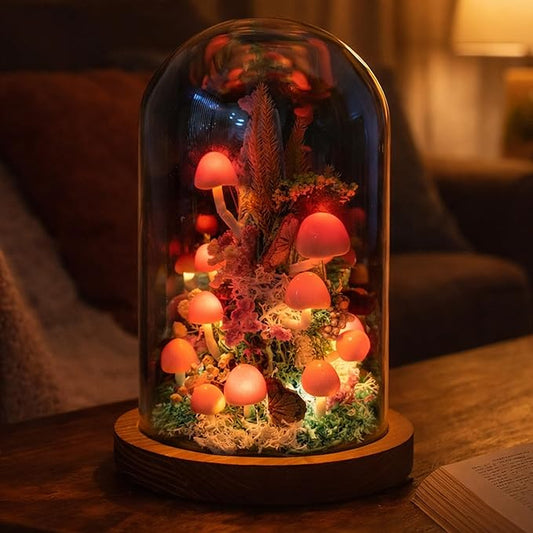 Mushroom Night Light Lamp - Handmade Glass Dome Fairy Light with Solid Wood Base, USB or Wireless, Cozy Aesthetic Bedside Table Decor, Unique Gift | Mystical Red