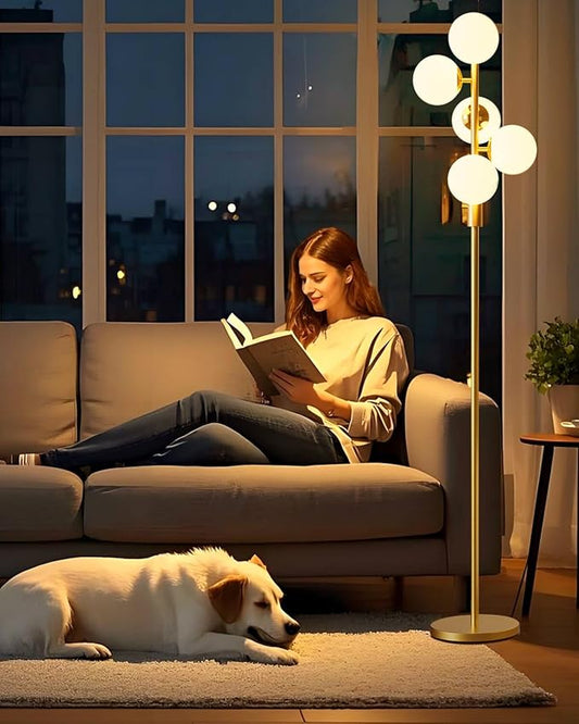 Lightdot Dimmable Globe Floor Lamp Mid Century Modern Floor Lamp with 5Pcs 3000K Bulbs Included Brightness Adjustable Gold Standing Lamps for Living Room Bedroom/Sofa Beside/Corner Decor