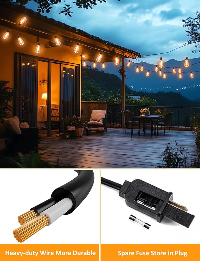 GHUSTAR 200FT LED Outdoor String Llights (NOT Solar) – Patio Lights Outdoor Waterproof for Outside – 2700K Vintage Edison Bulb String Light – Shatterproof Hanging Light for Cafe Porch Deck
