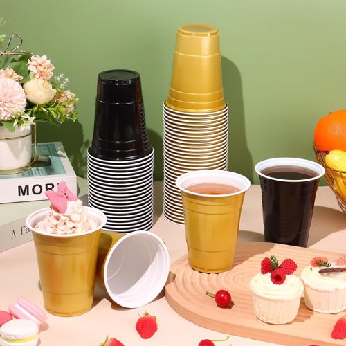KesaPlan 100PCS 16 oz Black and Gold Disposable Plastic Cups - Perfect for Graduation, Weddings & Parties