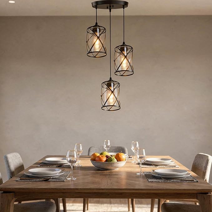 3 Light Pendant Lighting, Farmhouse Hanging Light Fixture for Kitchen Island & Dining Room, Industrial Vintage Ceiling Lamp with E26 Base, Adjustable Height, Matte Black with Glass Shades
