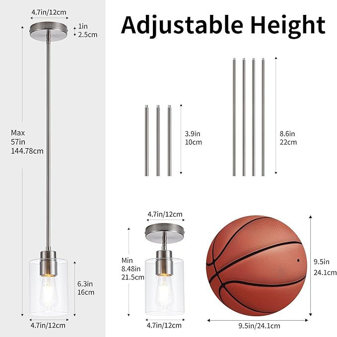 MAYNA 1-Pack Brushed Nickel Ceiling Light Fixture, Simple Silver Mini Pendant with Bulb, Adjustable Rods Contemporary Hanging Lamp for Foyer, Corridor, Sink