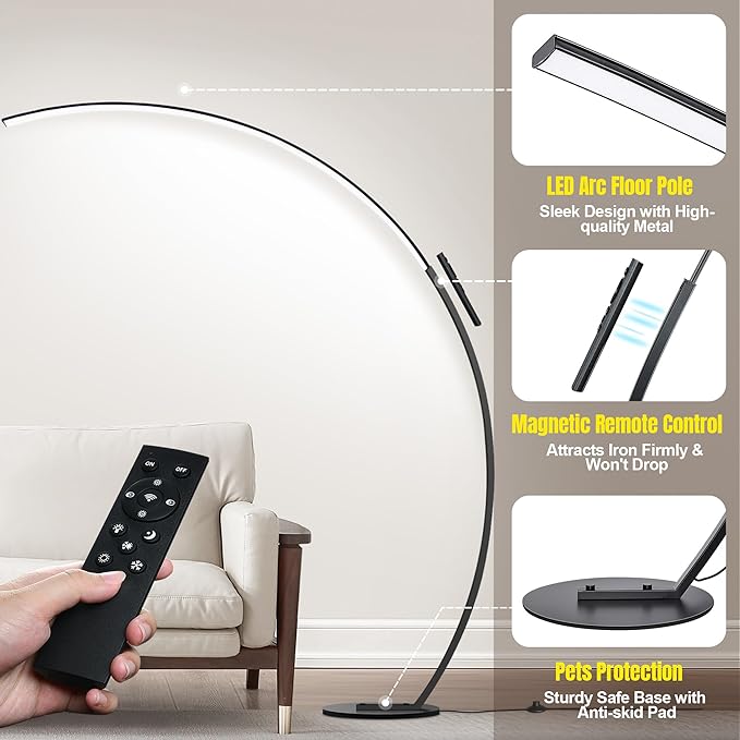 Dimmable LED Lamps for Living Room with 3 Color Temperatures, Ultra Bright 2000LM Arc Floor Lamps, Modern Standing Tall Lamp with Remote Control Reading Floor Lamp for Bedroom Office Classroom
