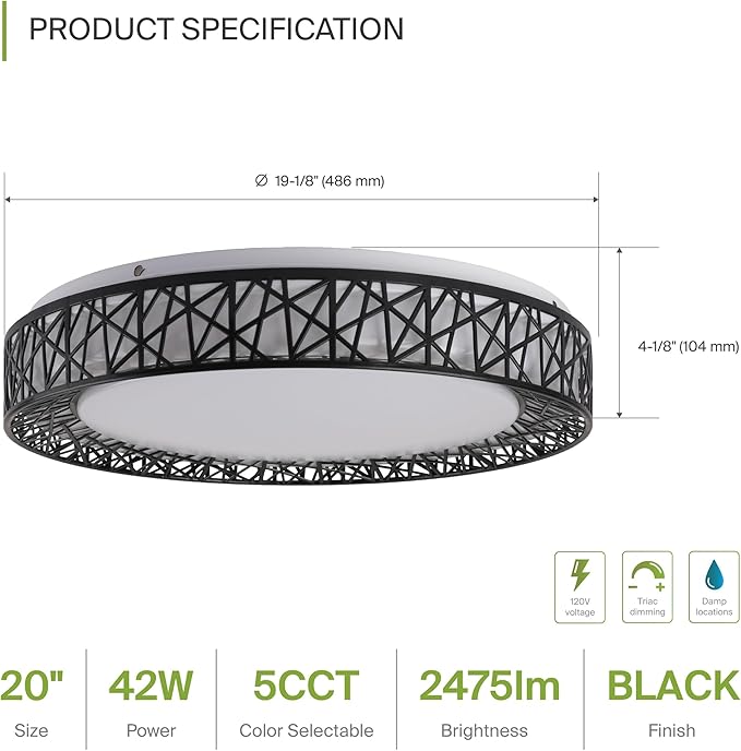 ASD 20 Inch LED Flush Mount Ceiling Light Fixture for Bedroom, 42W 2475LM 5CCT 2700K-5000K, Triac Dimmable Lights, Dining, Living Room, Kitchen Lamps, Modern Home Lighting Fixtures, Black, ETL, 2 Pack