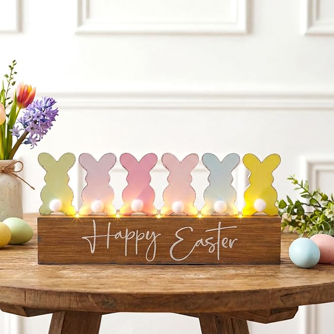 Yousoontic Easter Decorations Wooden Bunny Table Decor with LED Lights, Lighted Bunny Butt Centerpiece, 3D Farmhouse Easter Rabbit Sign for Mantel, Tiered Tray, Home Desk, Office, Spring Party
