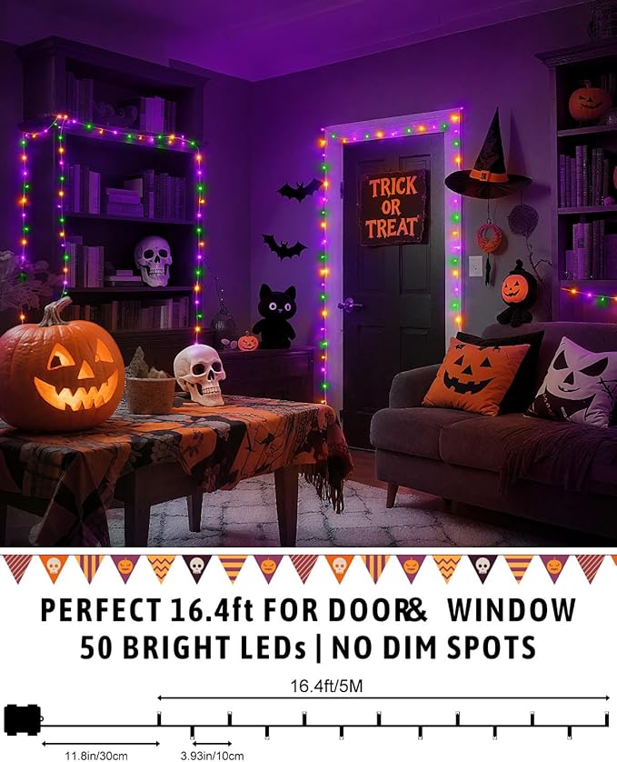 Halloween String Lights Battery Operated, Orange Purple and Green Lights with Timer Waterproof 16.4ft 50 LED Halloween Decorations for Outdoor Indoor Patio Party Garden Yard Decor