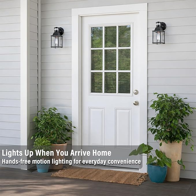COTTAGE LIFE Motion Sensor Outdoor Wall Light Fixtures, 2 Pack Black Exterior Wall Sconces, Waterproof Outdoor Porch Lights for Front Door, Garage, Patio, Entryway