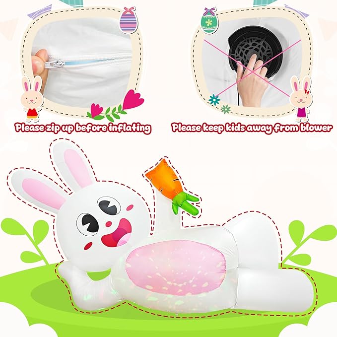 OurWarm 8FT Easter Inflatables Outdoor Decorations, Lying Inflatable Easter Bunny Decor, Easter Bunny Blow up Inflatable with LED Lights, Easter Blow Ups for Outside Holiday Roof Lawn Yard Decor