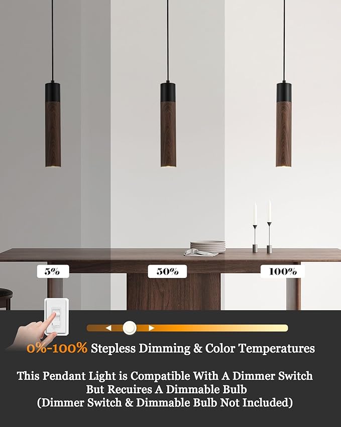 ELYONA Modern Pendant Light Fixtures, Walnut Wood Grain & Matte Black Metal, Industrial Cylinder Hanging Pendant Light for Kitchen Island Dining Room Bedroom Living Room, GU10 LED Bulb Included