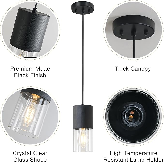 2-Pack Black Pendant Light Fixtures, Adjustable Modern Pendant Lights for Kitchen Island, Industrial Clear Glass Pendant Lights for Dining Table Hallway Bedroom Living Room
