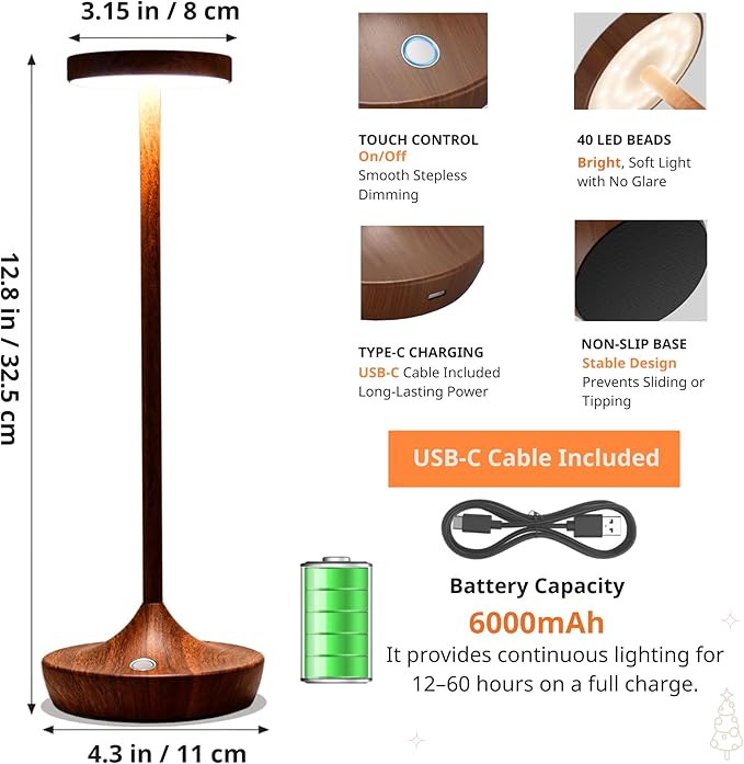 Cordless Table Lamp Rechargeable - 6000mAh LED Battery Operated Table Light - Portable Touch Dimmable Outdoor Waterproof Table Lamps for Patio Bar Restaurant Dining (2 Woodgrain)